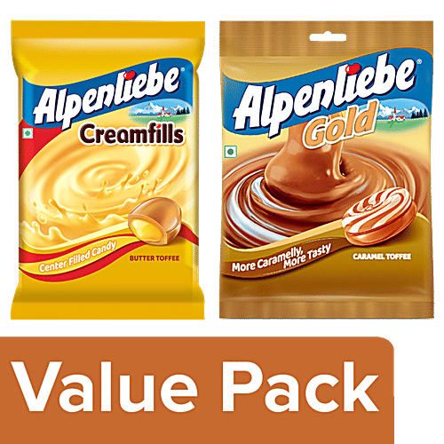 Alpenliebe Creamfills Butter Toffee Centre Filled Candy, 140 g + Gold Caramel Toffee, 144 g, Combo (2 Items) 