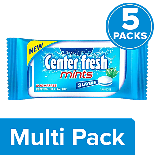 Center Fresh Mint - Sugarfree, Peppermint Flavour, 15 Pcs (Pack Of 5), 5 x 4.5 g Multipack 