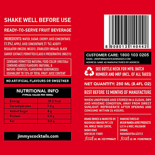 Buy JIMMY'S COCKTAILS Gin Cherry Sour Cocktail Mixer Ready To Serve