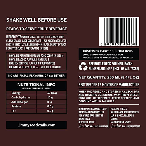 Jimmys Cocktails The New Old Fashioned Cocktail Mixer - Ready To Serve Fruit Beverage, 8x250 ml Multipack 