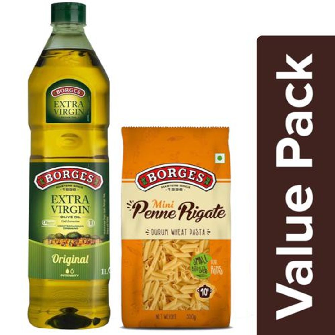 BORGES Original Extra Virgin Olive Oil 1 L + Durum Wheat Pasta -Mini Penne Rigate 350 g, Combo 2 Items