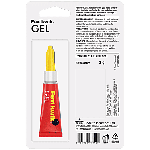 Fevikwik Gel - Non-Drip Formula, No Mess, 3 x 3 g Multipack 30 Seconds Extra Repair Time, Wood, Leather, Cardboard