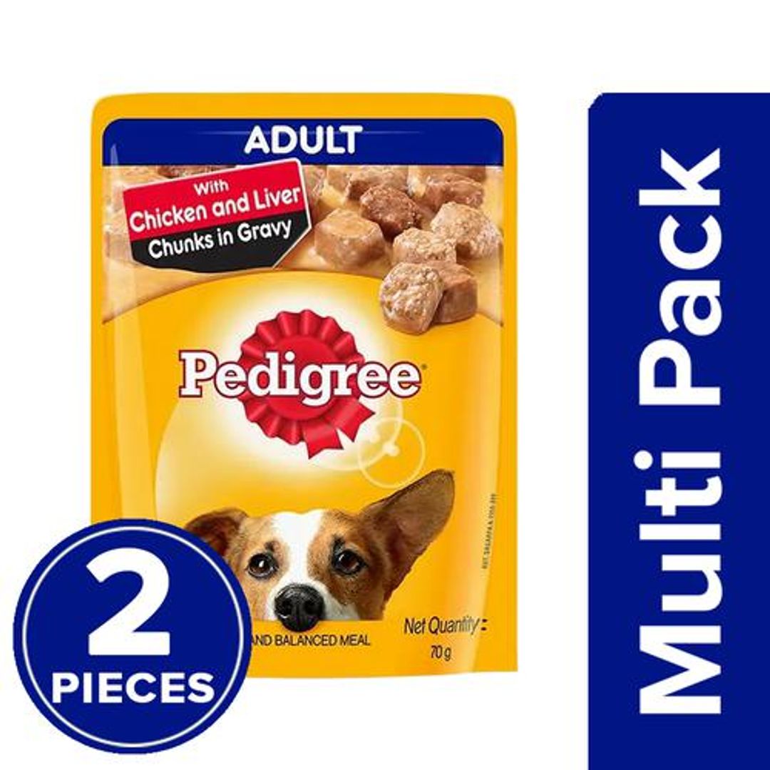 Pedigree Wet Dog Food - Chicken & Liver Chunks In Gravy, For Adult Dogs, 2 x 70 g Multipack