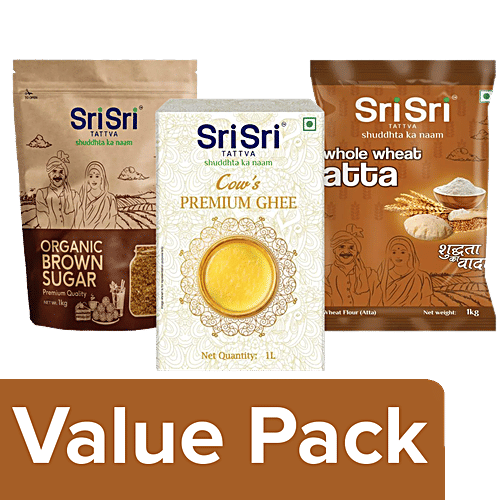 Sri Sri Tattva Whole Wheat Atta + Cow's Premium Ghee + Organic Brown Sugar, Combo 3 items 