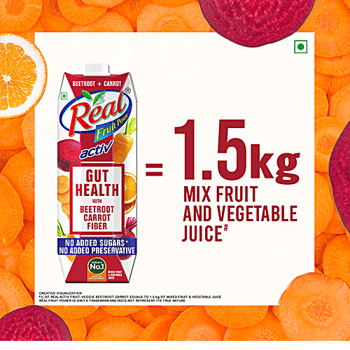 Real Activ Beetroot & Carrot Juice - Helps Gut Health, No Added Sugars & Preservative, 2 x 1 L Multipack 