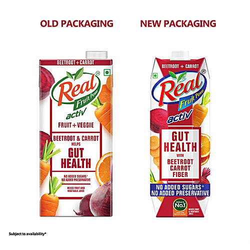 Real Activ Beetroot & Carrot Juice - Helps Gut Health, No Added Sugars & Preservative, 2 x 1 L Multipack 