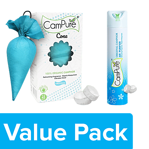 Campure Camphor Air Freshener - Original, 250 ml + Air Freshener Cone - Original, 60 g, Combo 2 Items