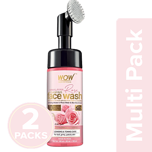 Wow Skin Science Himalayan Rose Foaming Face Wash With Built-in Face Brush For Deep Cleansing, 2x150 ml Multipack 