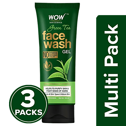 Wow Skin Science Green Tea Face Wash Gel - Purify Skin & Fights Signs Of Aging, 3x100 ml Multipack