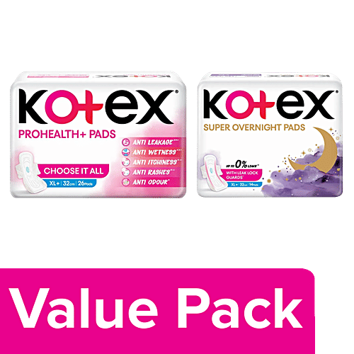 Buy Kotex ProHealth+ Sanitary Pads XL+ 26 pcs & Super Overnight
