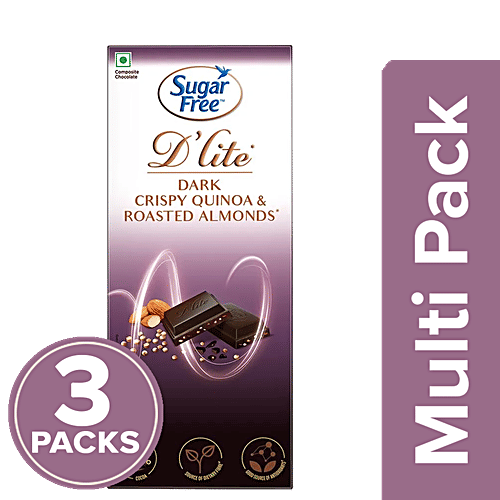 Sugar Free D'lite Dark Chocolate Bar - Crispy Quinoa & Roasted Almonds, 50% Cocoa, 3 x 40 g Multipack 