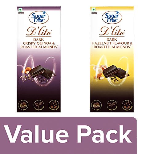 Sugar Free D'lite Dark Chocolate Bar Quinoa & Almonds + Chocolate Bar Hazelnut & Almonds, Combo  