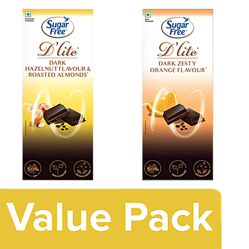 Sugar Free D'lite Dark Chocolate Bar - Hazelnut & Almonds + Chocolate Bar Orange Flavour, Combo
