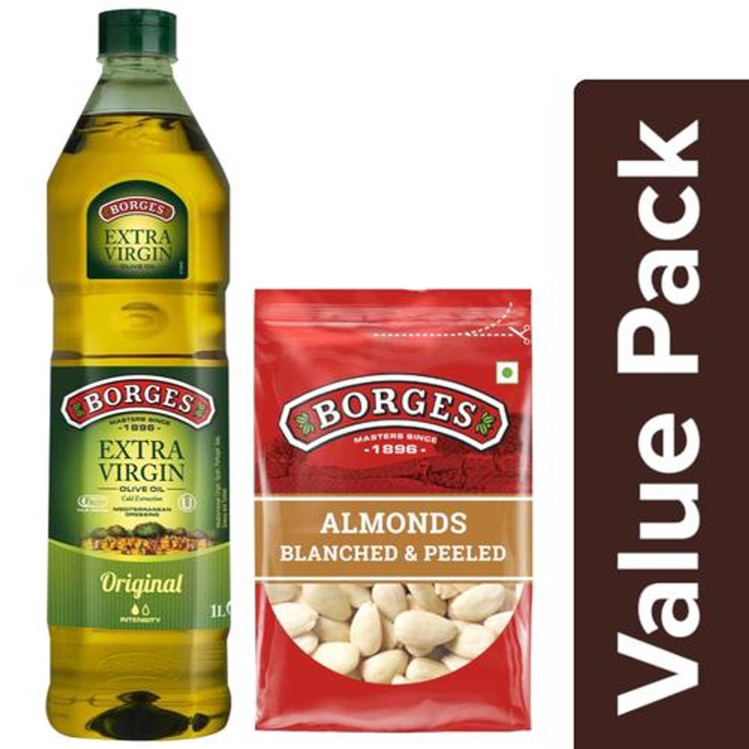 BORGES Original Extra Virgin Olive Oil 1 L + Almonds - Blanched & Peeled 400 g, Combo 2 Items