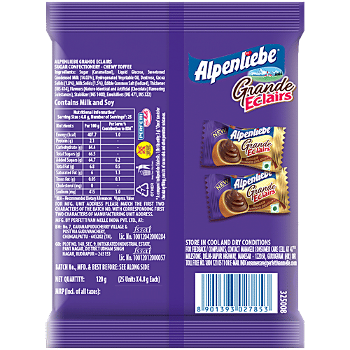 Alpenliebe Grande Eclairs Caramel Choco Chewy Toffee, 4x120 g (Multipack) Refreshing & Satisfying Treat, Bigger Choco Delight