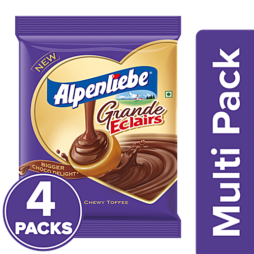 Alpenliebe Grande Eclairs Caramel Choco Chewy Toffee, 4x120 g (Multipack) Refreshing & Satisfying Treat, Bigger Choco Delight