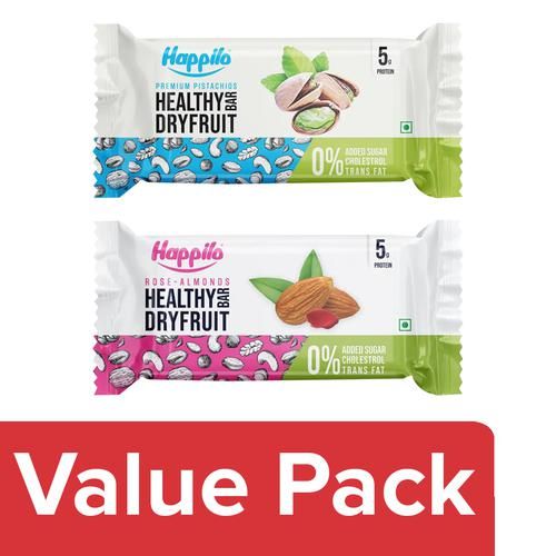 Happilo Healthy Dry Fruit Bar - Premium Pistachio 2x35 g + Rose-Almond 2x35 g, Combo 2 Items 