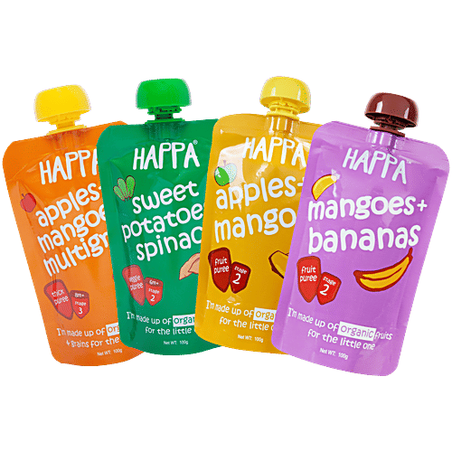 Happa Organic Fruits + Grains + Veggies Puree Baby Food, 100 g Each, Combo (4 Items)