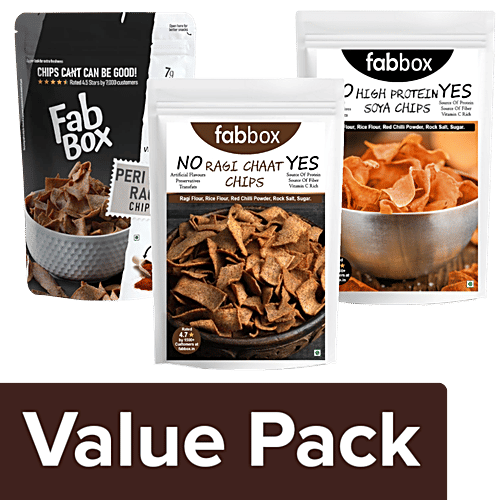 Fabbox Healthy Snack - Ragi Chips 215g + Ragi Chat Chips 210g + Masala Soya Chips 210g, Combo 3 Items 