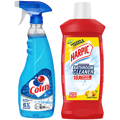 bb Combo Harpic Disinfectant Bathroom Cleaner Liquid, Lemon, 1 L + Colin Glass & Surface Cleaner Liquid Spray, Regular, 500 ml, Combo 2 items 