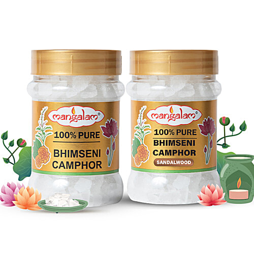 Mangalam Pure Bhimseni Camphor - Leaves No Residue + Sandalwood, Each 100 g, Combo 2 Items 