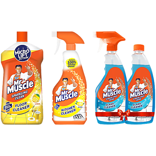 Mr. Muscle Kitchen Cleaner 450ml + Floor Cleaner - Citrus 1L + Glass & Other Cleaner 500ml, Combo 3 items