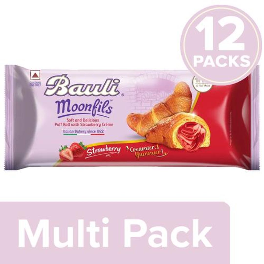 Bauli Moonfils -  Strawberry Flavoured, Centre Filled Puff Rolls, Italian Recipe, Soft, 12x50 g Multipack