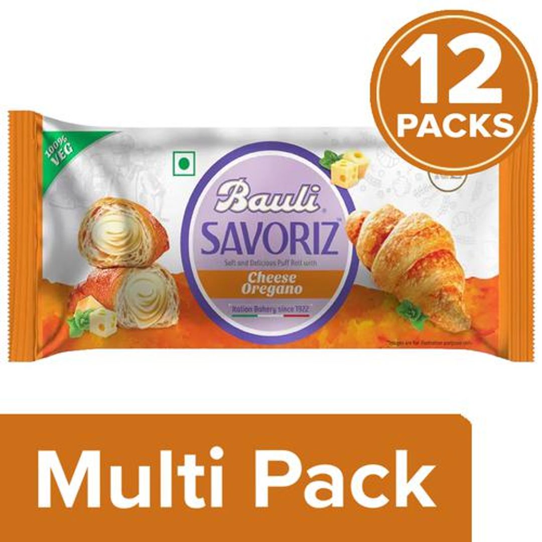 Bauli Savoriz Puffed Roll - With Cheese Oregano, 100% Vegetarian, Soft & Creamy, 12x45 g Multipack