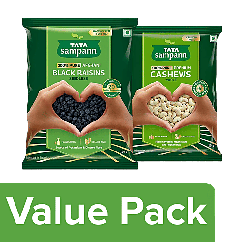 Tata Sampann Pure Afghani Black Raisins Seedless 200g + Pure Premium Cashews Whole 200g, Combo 2 Items 