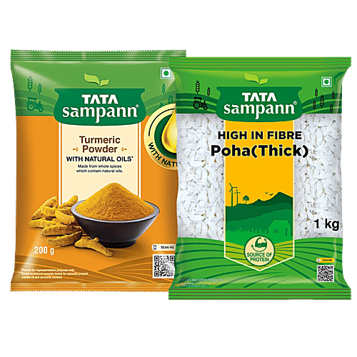 Tata Sampann White Thick Poha - High In Fibre 1kg + Turmeric Powder With Natural Oils 200g, Combo 2 Items 