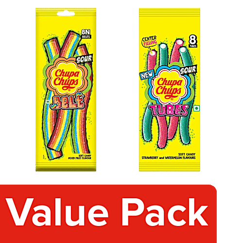 Chupa Chups Sour Belt - Mixed Fruit, 57.6 g x 2 + Tubes - Strawberry & Watermelon, 80g x 2, Combo 4 items