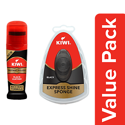 Kiwi Instant Polish - Black Shine & Protect 75 ml + Express-Shine-Sponge-Black 5 ml, Combo 2 items 