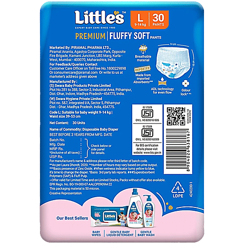 Little's Baby Diaper Pants - L, With Wetness Indicator & 12 Hours Absorption, 2x30 pcs Multipack 