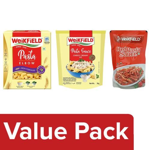 Weikfield Pasta Elbow,400 g + Pasta Sauce - Cheesy Creamy Mix, 30 g +Red Pasta Sauce,200 g, Combo 3 Items 