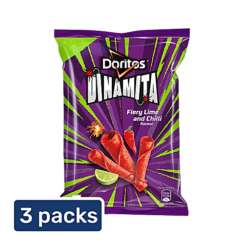 Doritos Dinamita Tortilla Chips - Fiery Crunchy, Nachos, Snacks, Lime & Chilli Flavour, 3 x 56g Multipack 