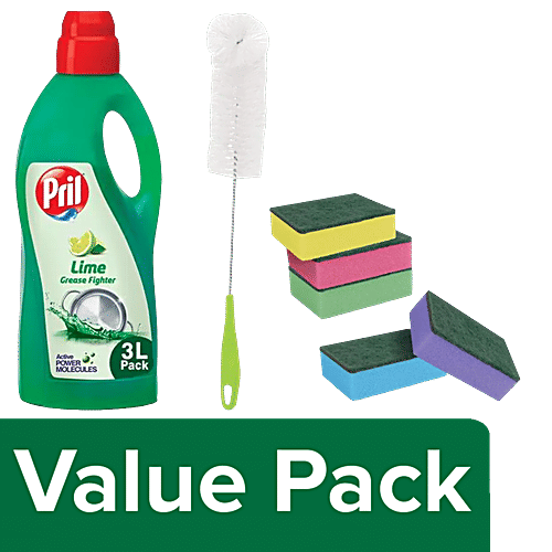 bb Combo Pril Dishwashing Liquid Lime,3L + York Scrub Sponge,5pcs + York Bottle Brush,1pc, Combo 3 Items 