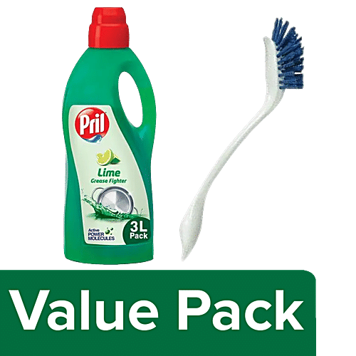 bb Combo Pril Dishwashing Liquid - Lime, 3 L + York Deep Brush Assorted Colour, 1 pc, Combo 2 Items 