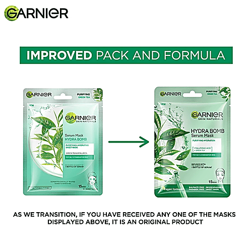 Garnier Hydra Bomb Face Serum Sheet Mask - For Oily & Combination Skin, 3x28 g Multipack With Hyaluronic Acid & Green Tea, Makes Skin Supple & Moisturised