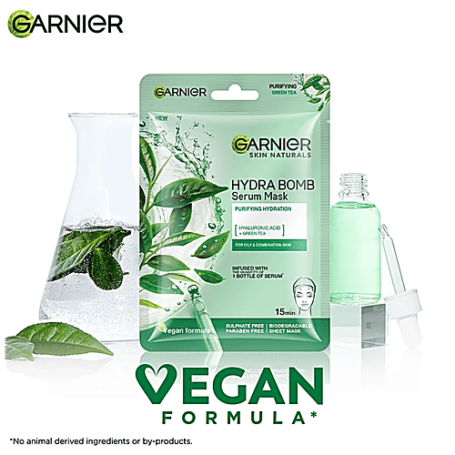 Garnier Hydra Bomb Face Serum Sheet Mask - For Oily & Combination Skin, 3x28 g Multipack With Hyaluronic Acid & Green Tea, Makes Skin Supple & Moisturised