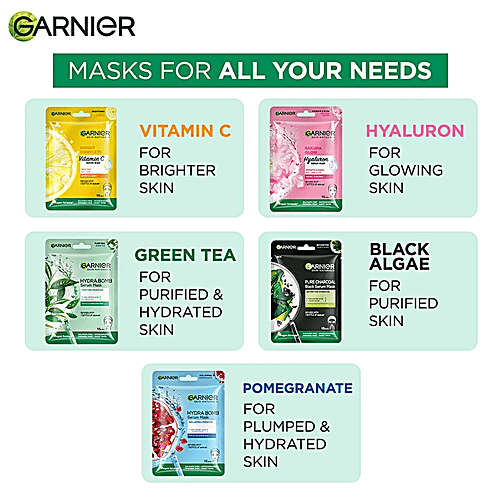 Garnier Hydra Bomb Face Serum Sheet Mask - For Oily & Combination Skin, 3x28 g Multipack With Hyaluronic Acid & Green Tea, Makes Skin Supple & Moisturised