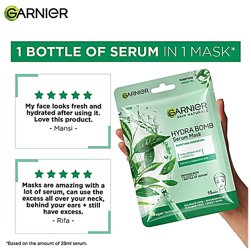 Garnier Hydra Bomb Face Serum Sheet Mask - For Oily & Combination Skin, 3x28 g Multipack With Hyaluronic Acid & Green Tea, Makes Skin Supple & Moisturised