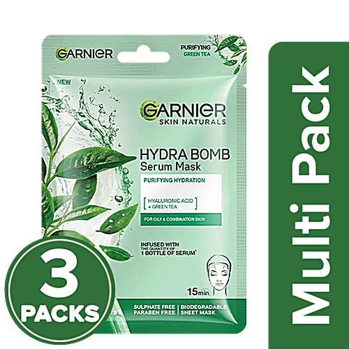 Garnier Hydra Bomb Face Serum Sheet Mask - For Oily & Combination Skin, 3x28 g Multipack With Hyaluronic Acid & Green Tea, Makes Skin Supple & Moisturised