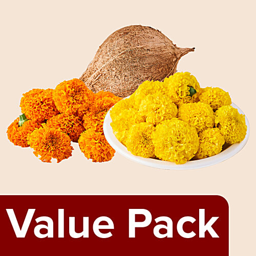 fresho! Pooja Coconut 1pc + Marigold Flower-Yellow 100g + Marigold Flower-Orange 100g, Combo 3 Items 