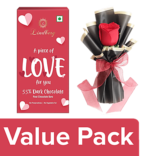 bb Combo Single Red Rose & Pink Ribbons, Lindberg I Love You Chocolate Bar, 45 g 55% Dark, Combo 2 Items Valentines Special, Single Red Rose,