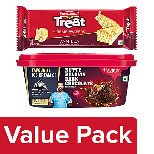 bb Combo Havmor Nutty Belgian Ice Cream 750ml + Britannia Treat Vanilla Wafer Biscuit 55g, Combo 2 Items 
