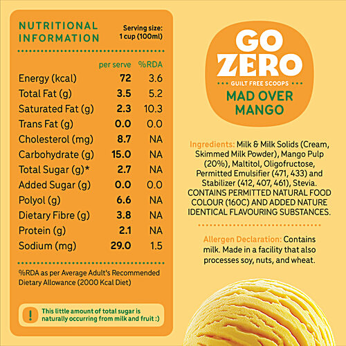 Go Zero Zero Sugar Range Mad Over Mango Ice Cream, 4 x 100 ml Multipack 