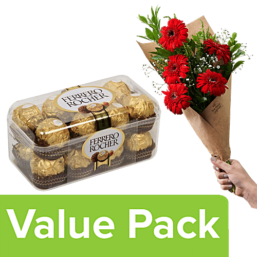 bb Combo Ferrero Chocolate 16 Pcs Box + Floral 5 Gerberas Bouquet Red 1 pc, BB COMBO 2 items 