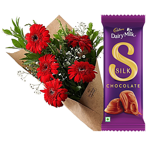 bb Combo Cadbury Dairy Milk Silk Chocolate 144 g + 5 Red Gerberas Bouquet, Combo (2 items)