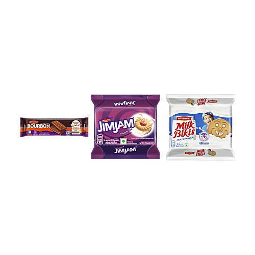 Britannia The Original Bourbon Creme,150g +JimJam Cream,138 g+Milk Bikis Milk Cream,200g, Combo 3 Items 