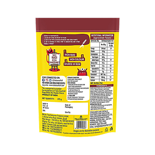 Tata Soulfull Ragi Bites No Maida Choco, 7 Grains, Protein Rich Breakfast Cereal, 2 x 375 g Multipack 